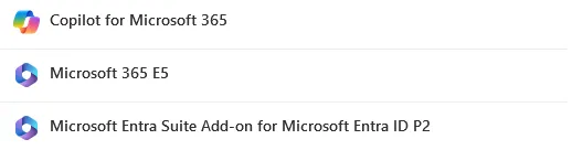 Lisenssilistaus, jossa Copilot for Microsoft 365, Microsoft 365 E5 ja Microsoft Entra Suite Add-on for Microsoft Entra ID P2.