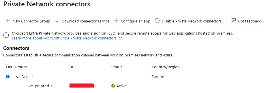 Entra-hallinnan Private Network connectors -näkymä, jossa Default-ryhmässä on yksi aktiivinen konnektori Euroopassa.