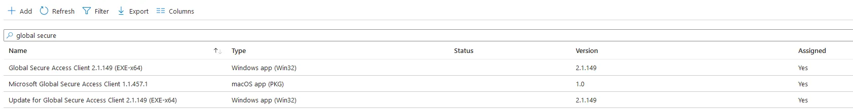 Intunen sovelluslista, jossa Global Secure Access -clientit Windowsille ja macOS:lle on jaettu kaikille.