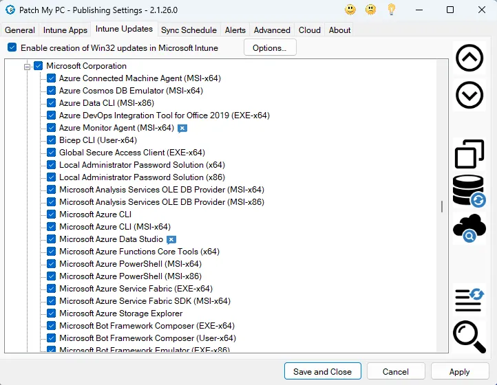 Patch My PC:n Intune Updates -välilehti, jossa Global Secure Access Client on valittu automaattisesti päivitettäväksi.