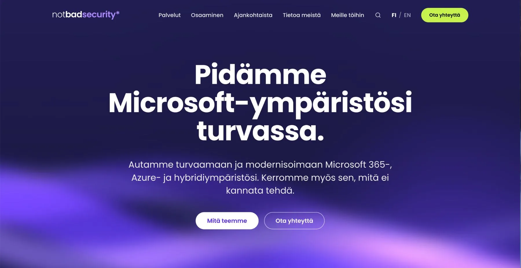 Not Bad Securityn verkkosivujen etusivu uudistuksen jälkeen